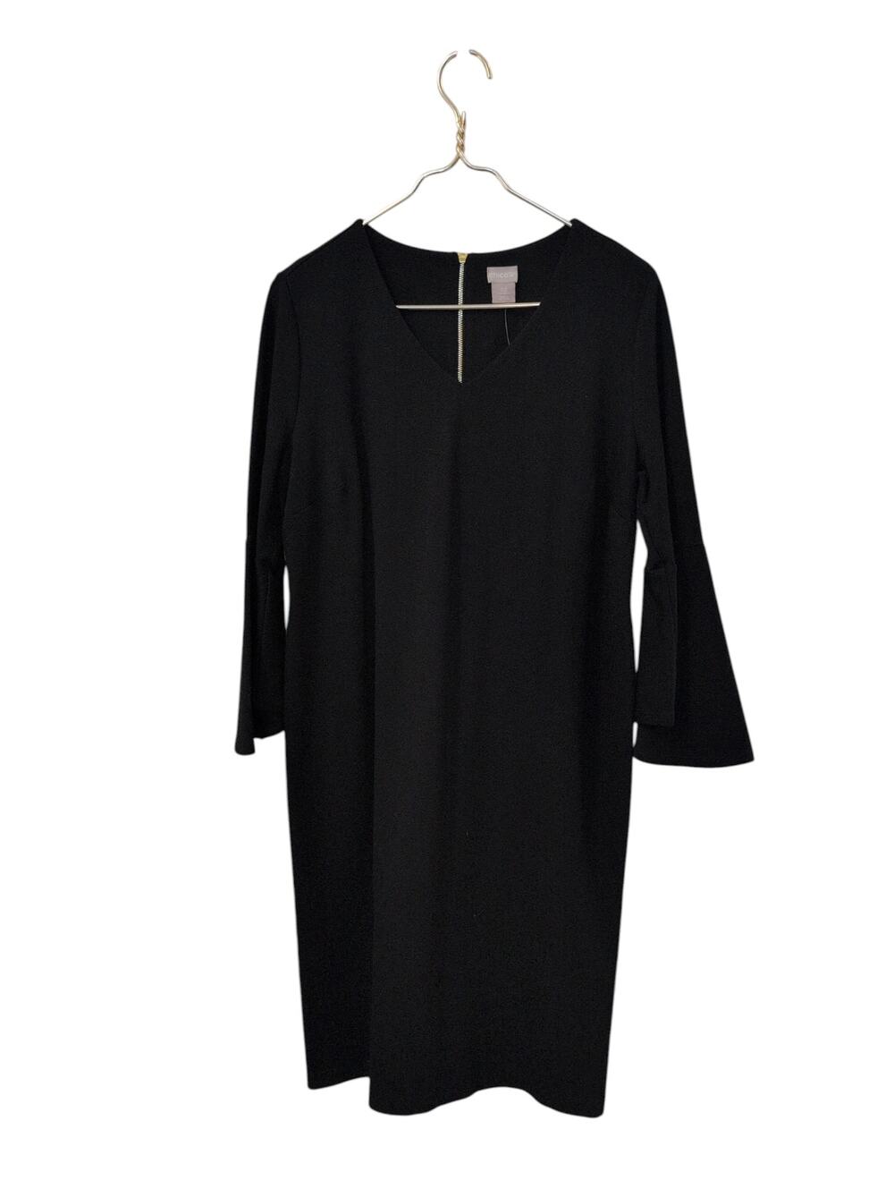 Chico’s Black Ponte Sheath Dress Bell Sleeves Gold Zip Size 0.5 (SMALL) NWT